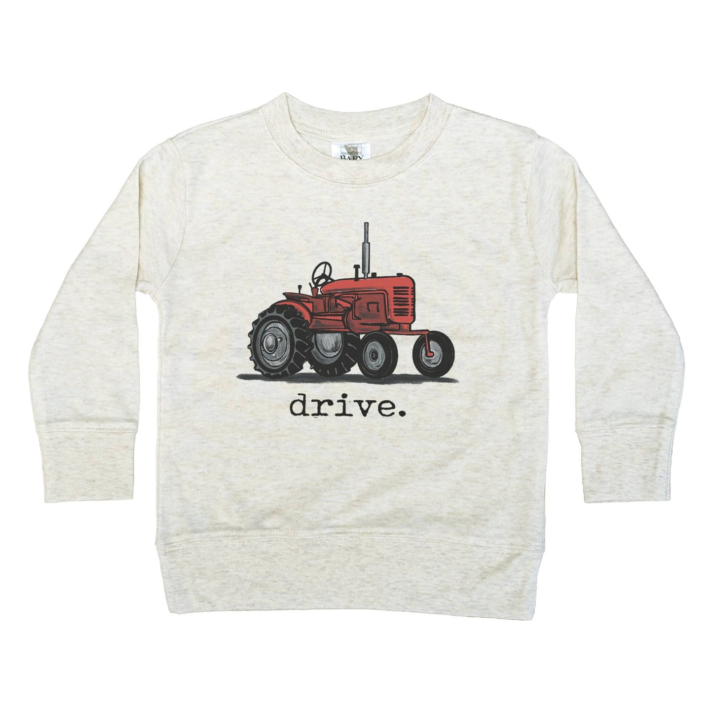 Cream sweatshirt with red tractor graphic and 'drive.' text on a white background