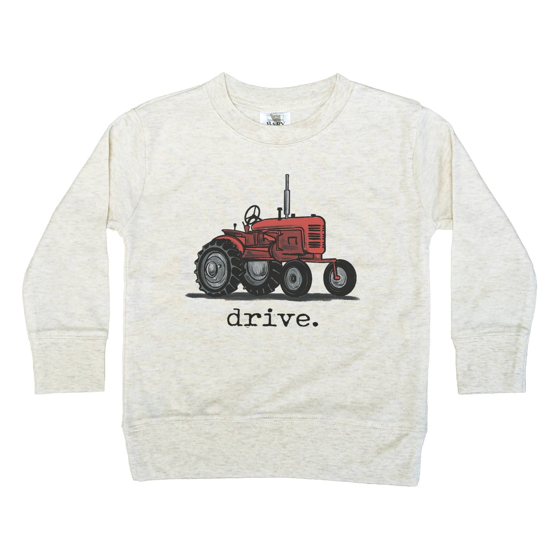 Cream sweatshirt with red tractor graphic and 'drive.' text on a white background