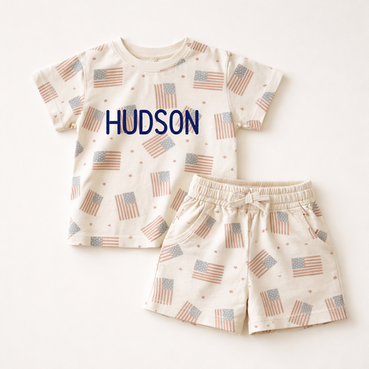 4th of July Flag Print Shorts Set