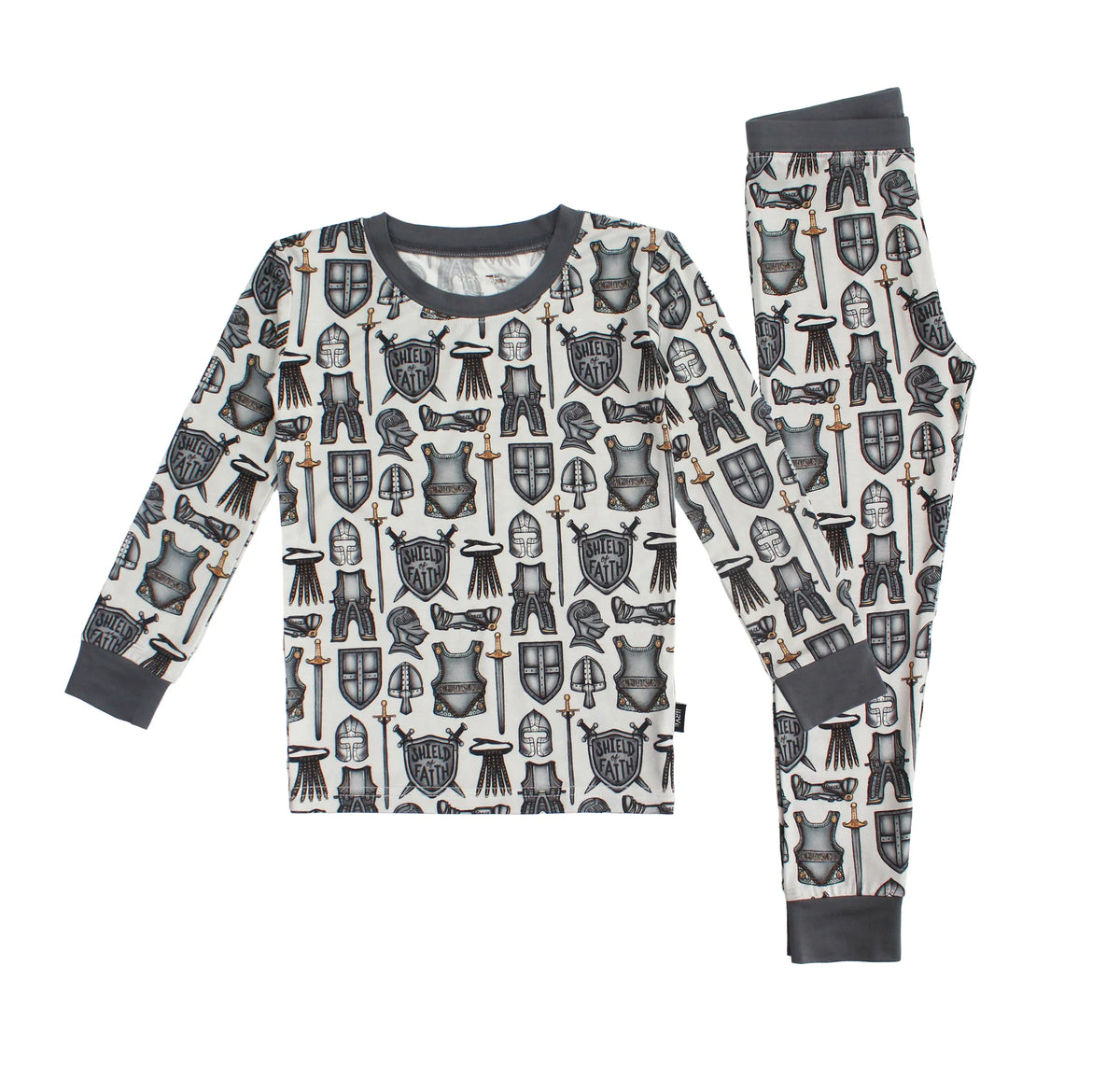 Children's pajama set with knight and armor pattern on a white background