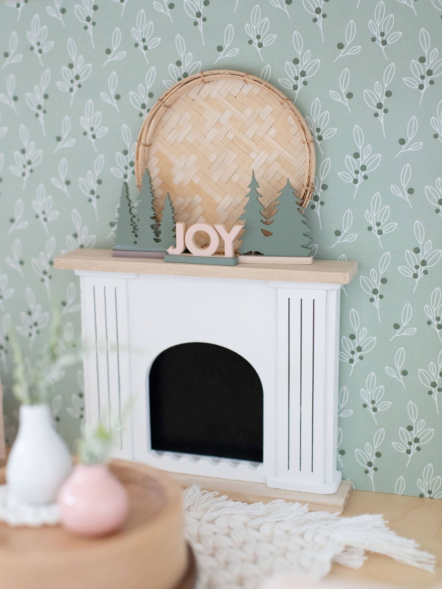 Macy Mae Dollhouse Designs - Dollhouse Holiday Mantle Decor Set | Joy | Green Pink Brown