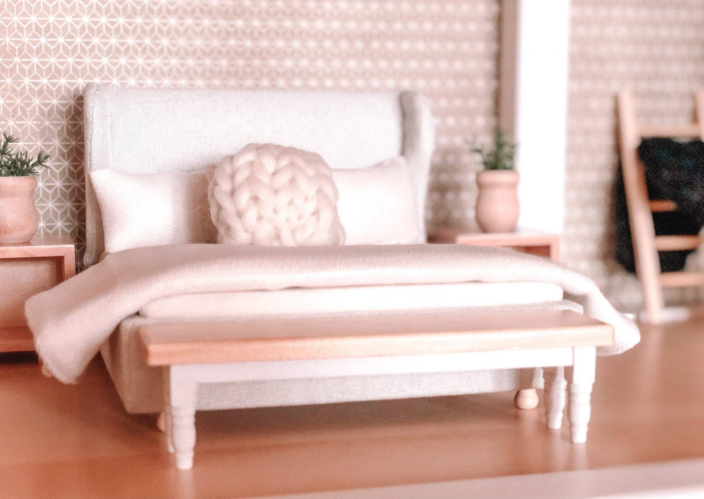 Macy Mae Dollhouse Designs - Dollhouse Classic Bench Seat | Natural Wood & White