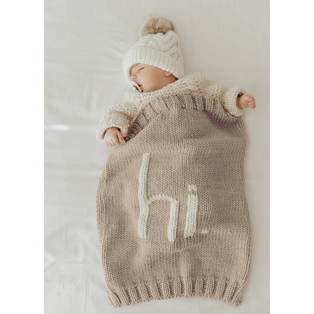 Hi. Hand Knit Baby Blanket - Pebble