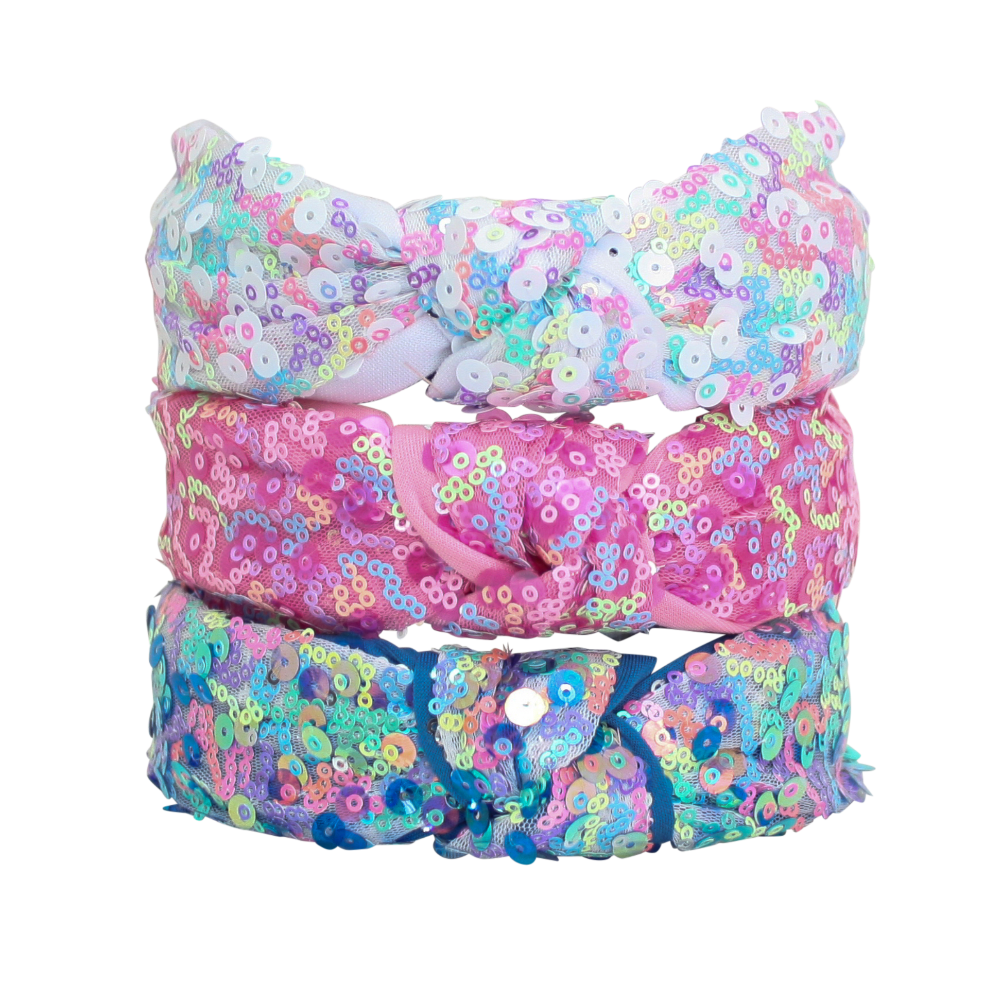 Three colorful sequin headbands stacked on a white background