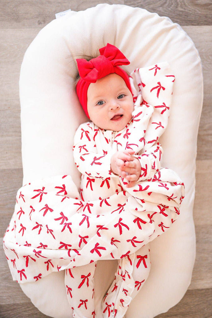 Harp Angel Boutique - Muslin Swaddle Blanket - Red Bows