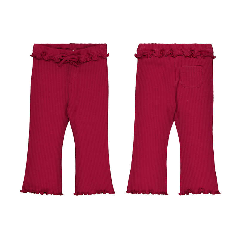 A pair of toddler flare leggings shown from both the front and back views. The leggings are made of a ribbed fabric with a ruffled waistband, front button closure, and a back patch pocket, in a deep magenta color.