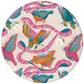 A round decorative plate or platter featuring a colorful repeating pattern of stylized birds in pink, teal, orange, and blue on a light cream background, with pink banners containing Bible verse text.