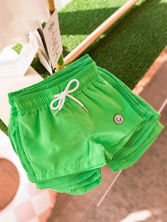 Neon Green Checker Swim Trunks