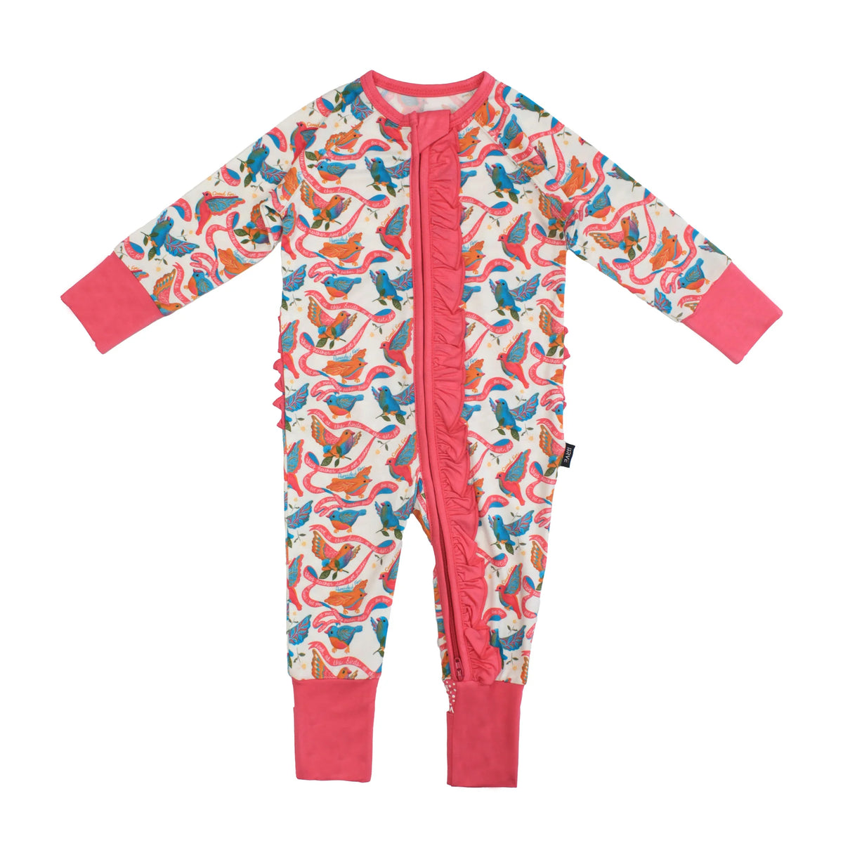 A baby long-sleeve footless one-piece jumpsuit with a colorful bird and snake pattern on a cream background, featuring bright pink ruffle trim down the front and matching pink cuffs and collar.