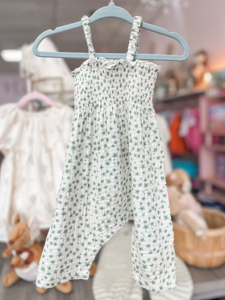 Jadeite Floral Tie Strap Smocked Romper