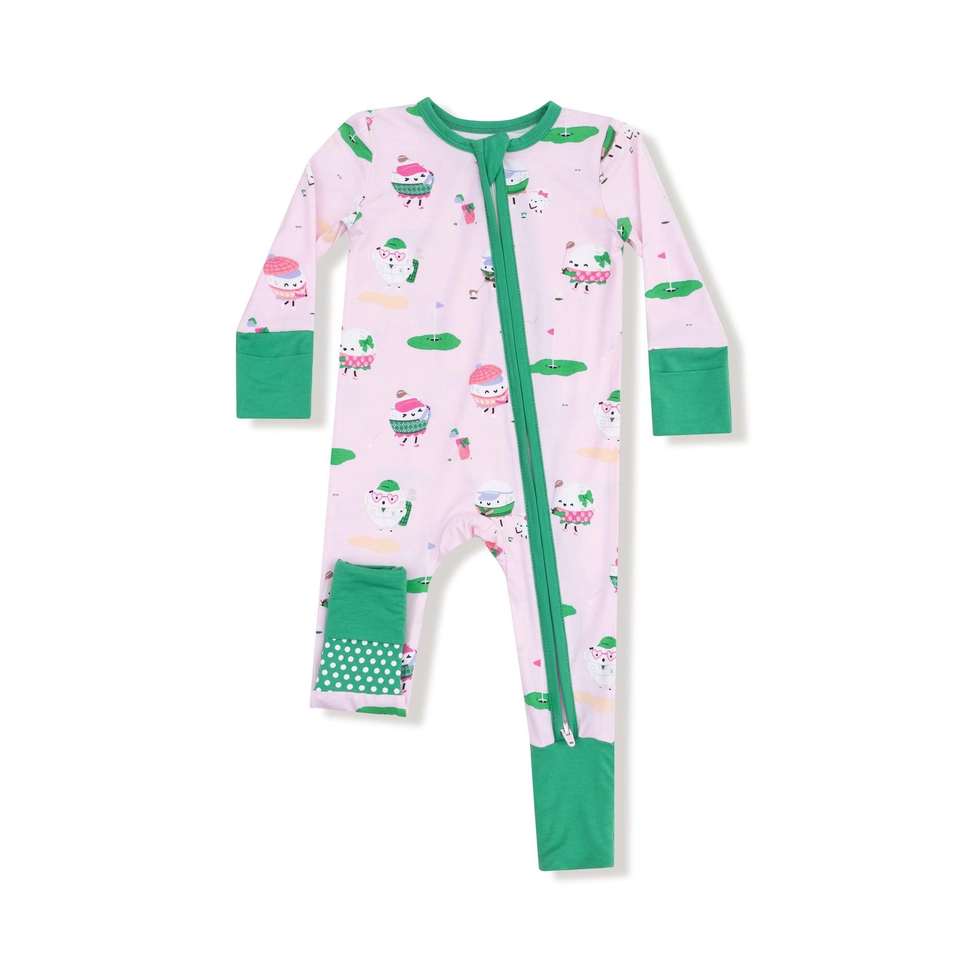 Children's onesie with a pink and green pattern on a white background