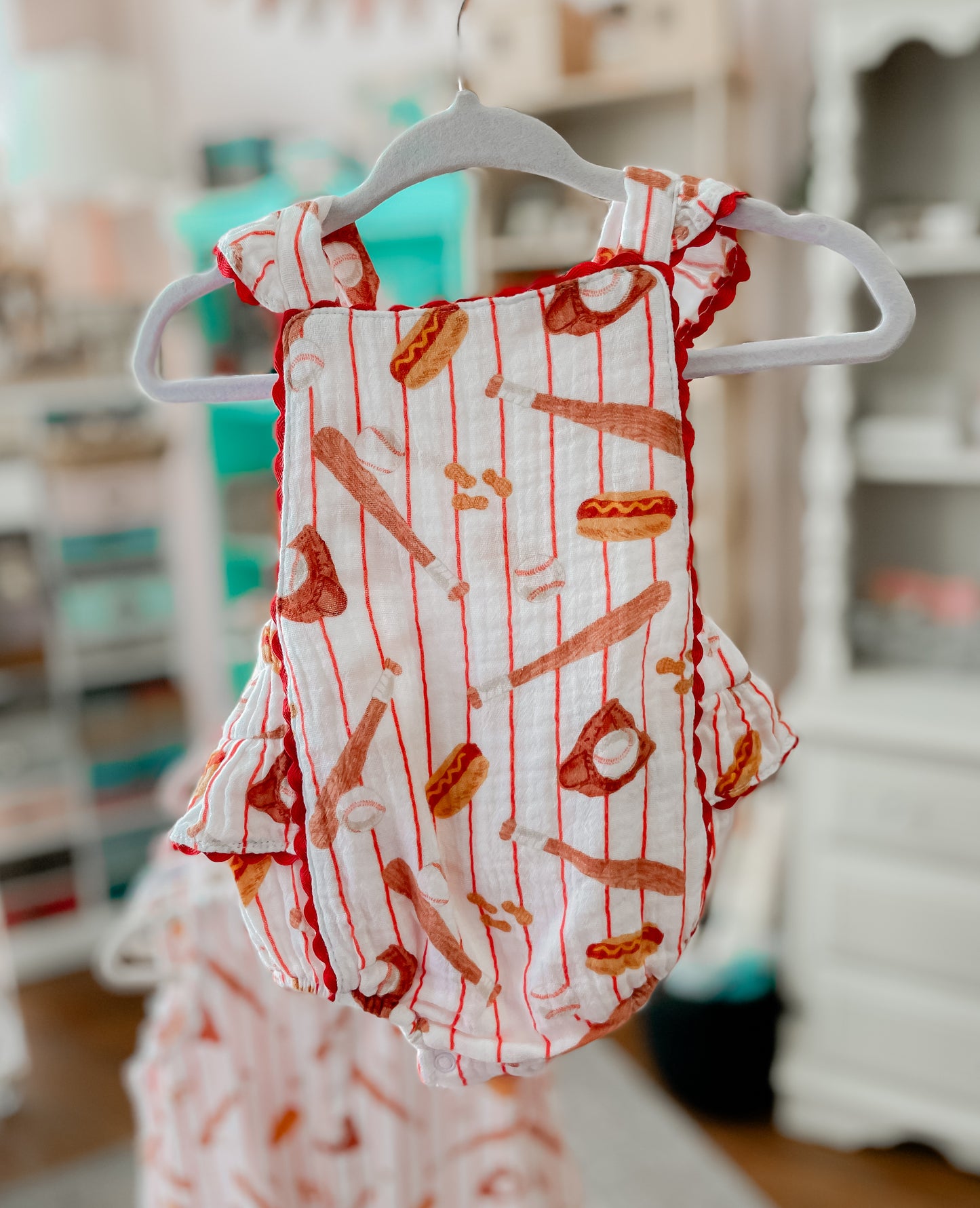 Organic Muslin Ric-Rac Ruffle Sunsuit, Baseball Game