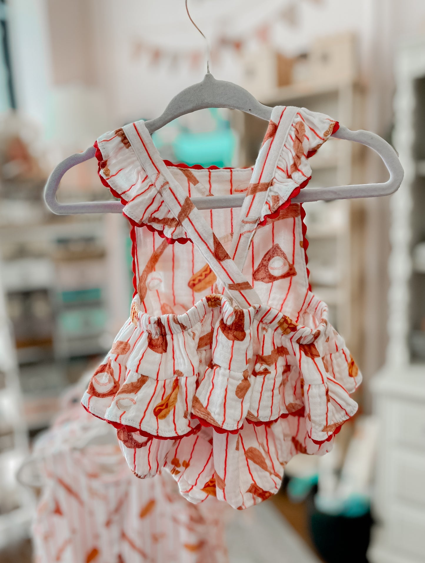 Organic Muslin Ric-Rac Ruffle Sunsuit, Baseball Game