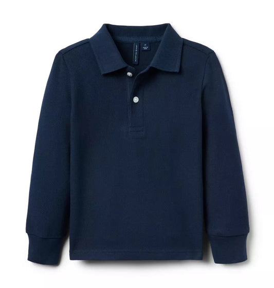 Navy blue long-sleeve polo shirt on a white background