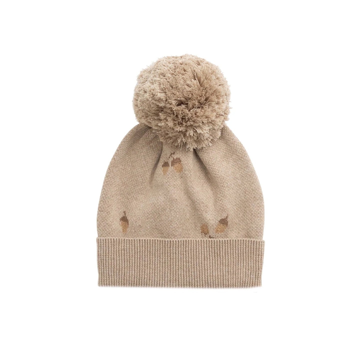 Beige knit sweater beanie with acorns a pom-pom on a white background