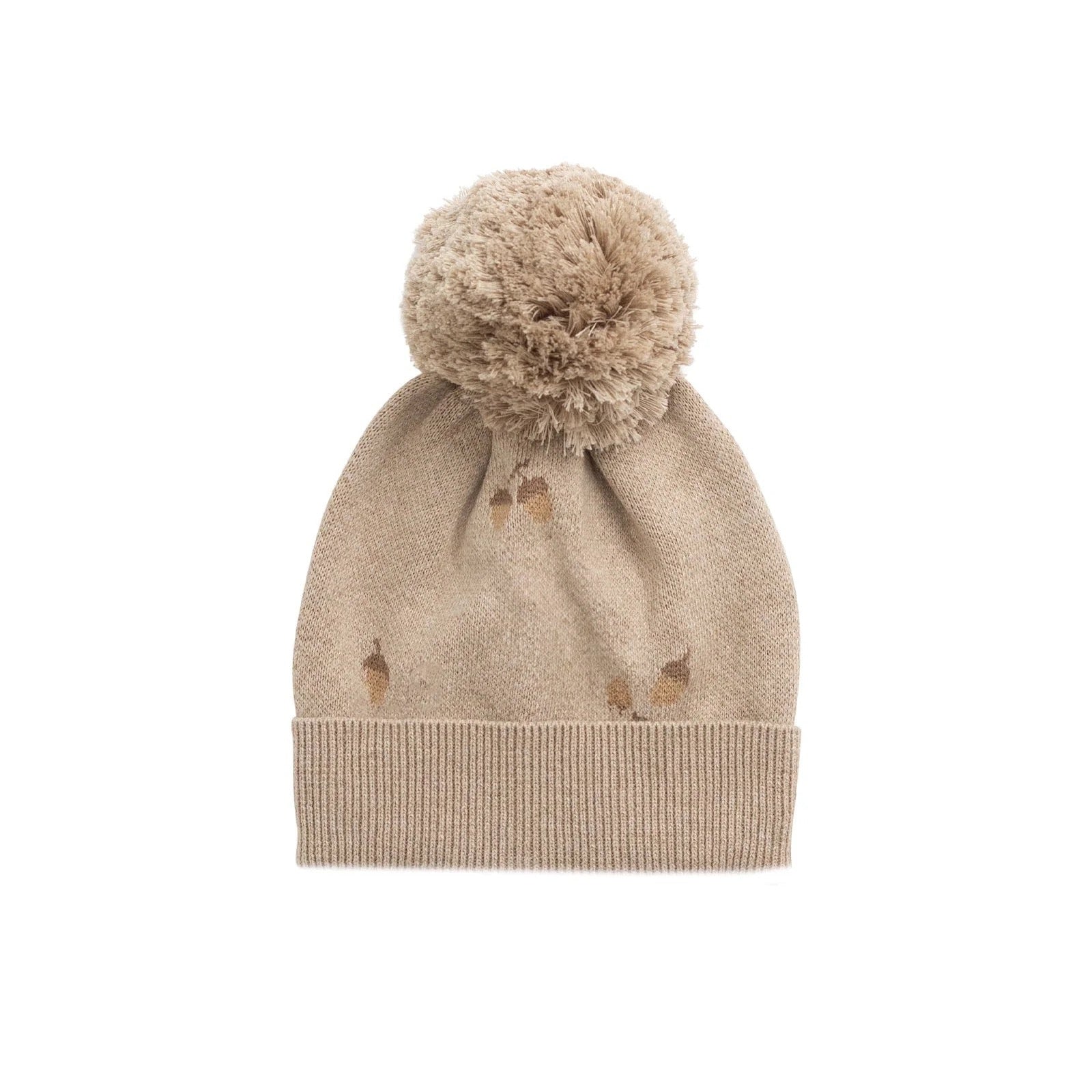 Beige knit sweater beanie with acorns a pom-pom on a white background