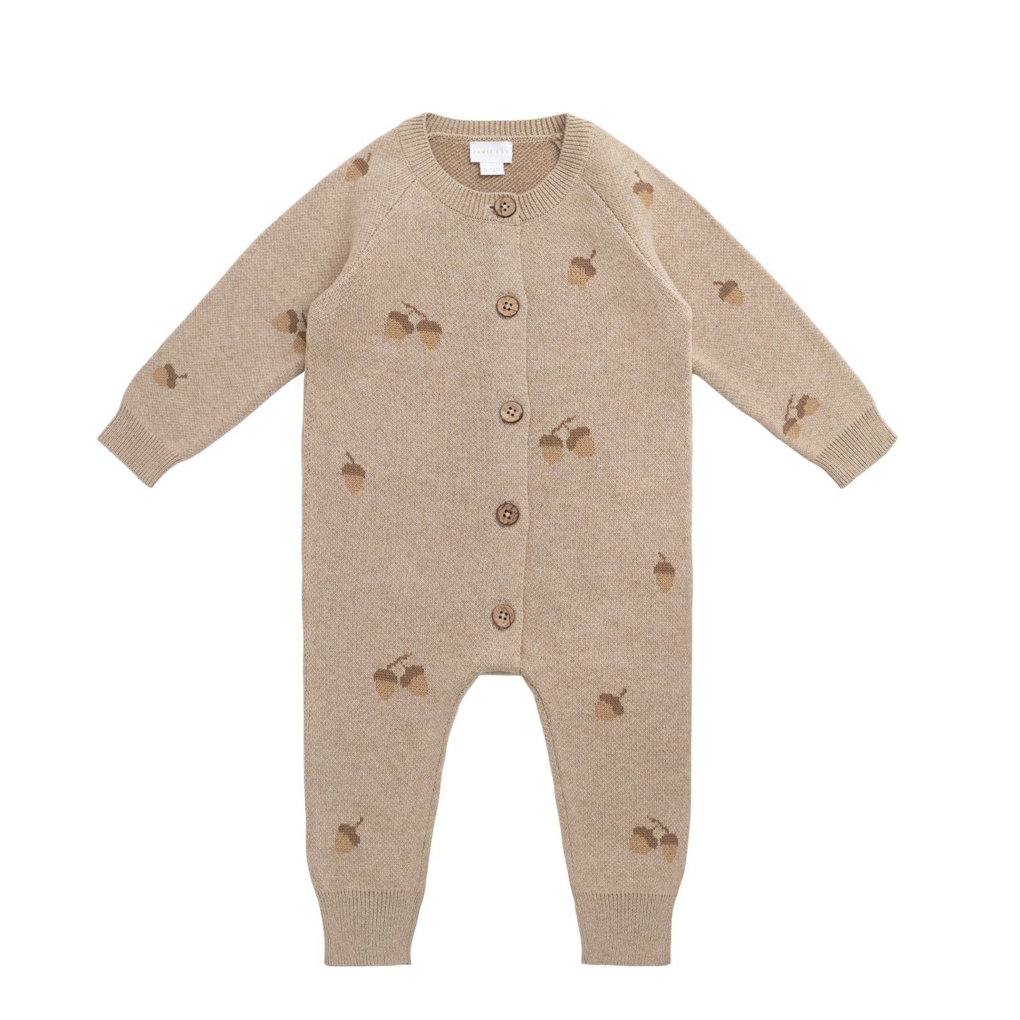 Beige baby sweater onesie with acorns detail and button details on a white background