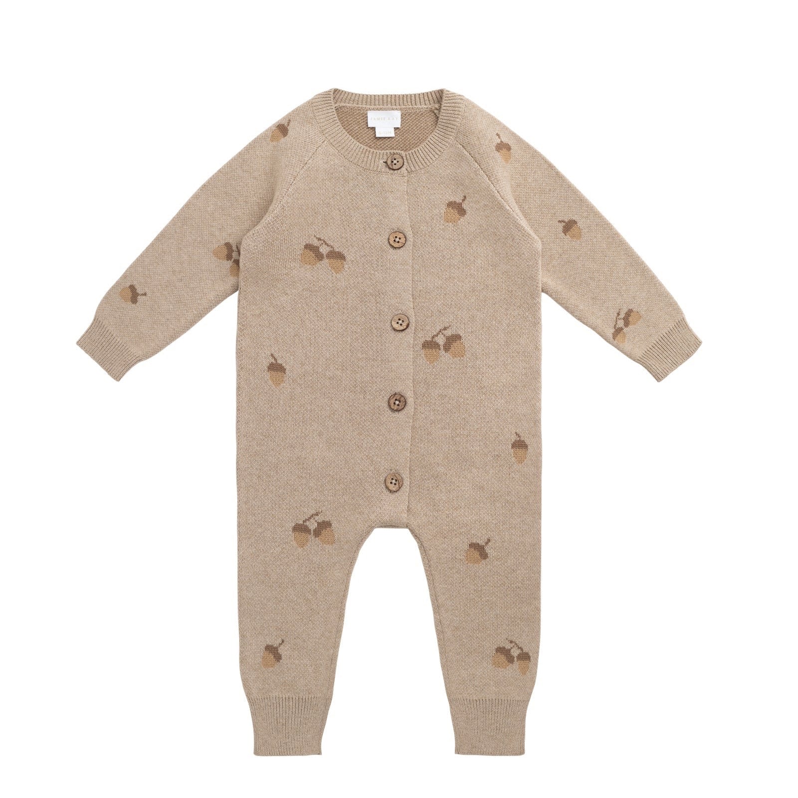 Beige baby sweater onesie with acorns detail and button details on a white background