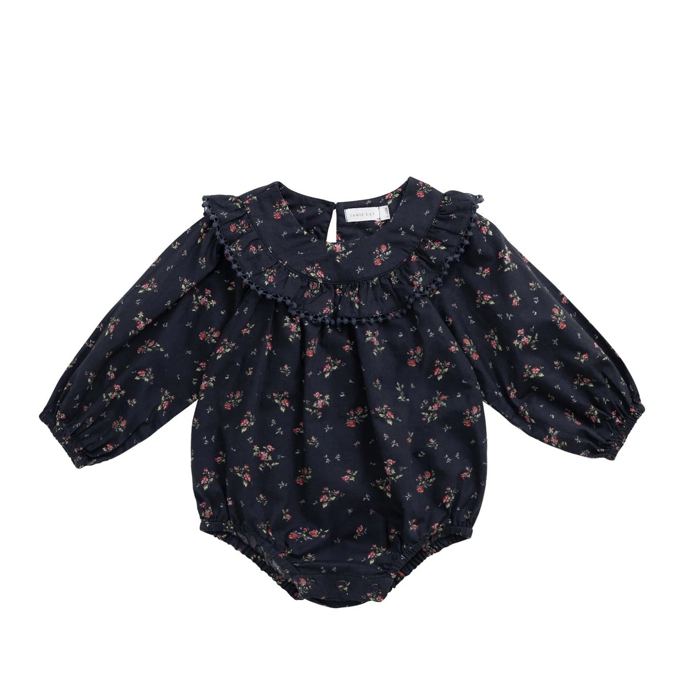 Black floral baby romper on a white background