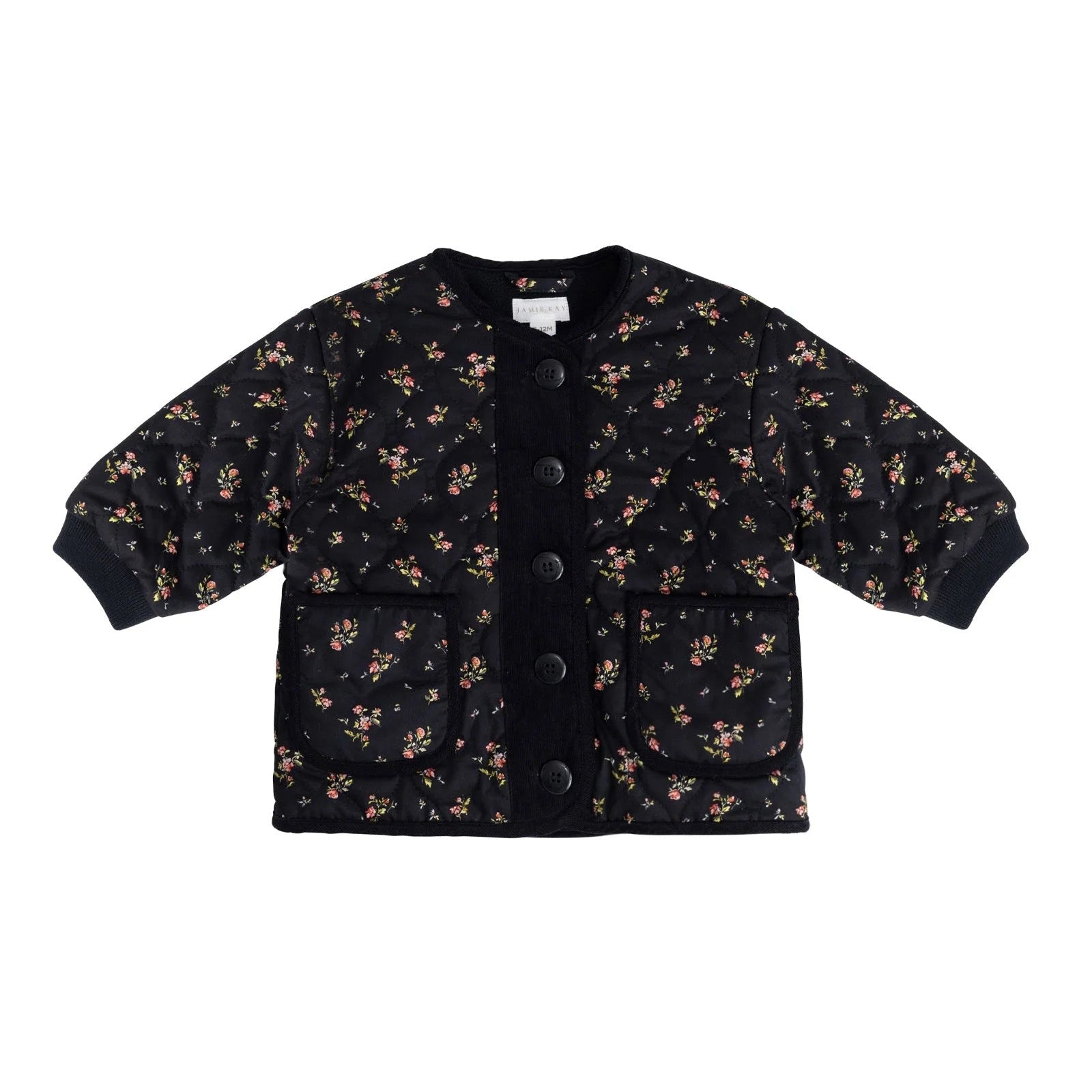 Black floral patterned jacket on a white background