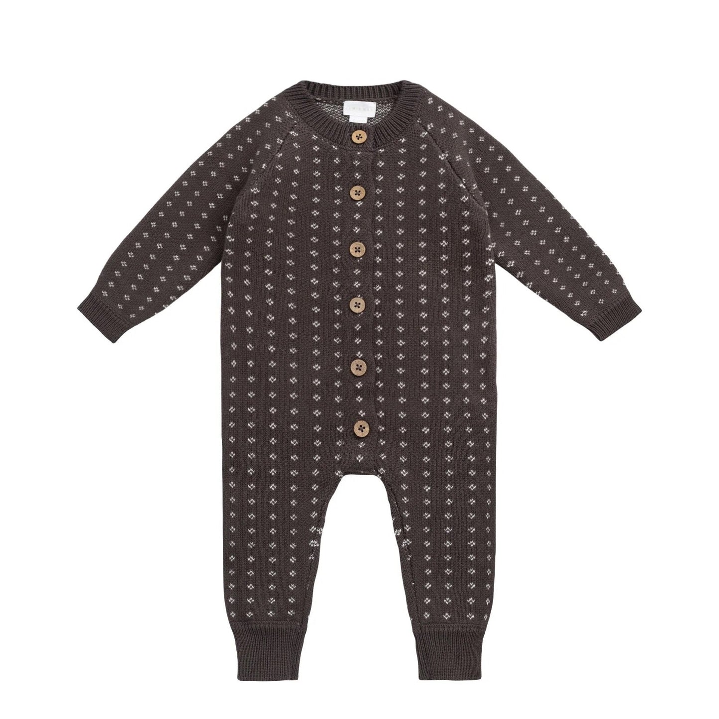 Dark gray baby onesie with a pattern on a white background