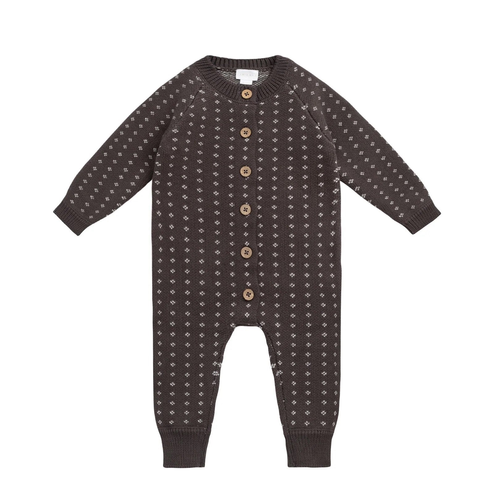 Dark gray baby onesie with a pattern on a white background