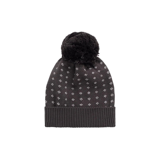 Dark gray knit beanie with pom-poms on a white background