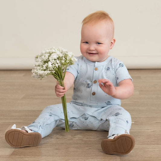 Organic Short Sleeve Button Romper - Celestial
