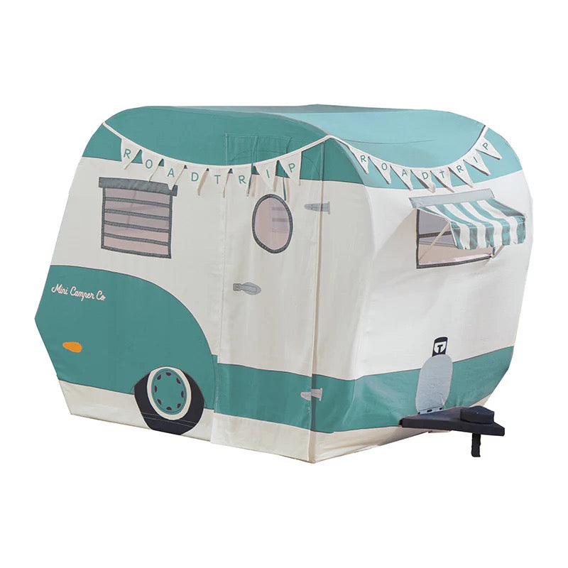 Teal and white camper-shaped play tent with decorative elements on a white background