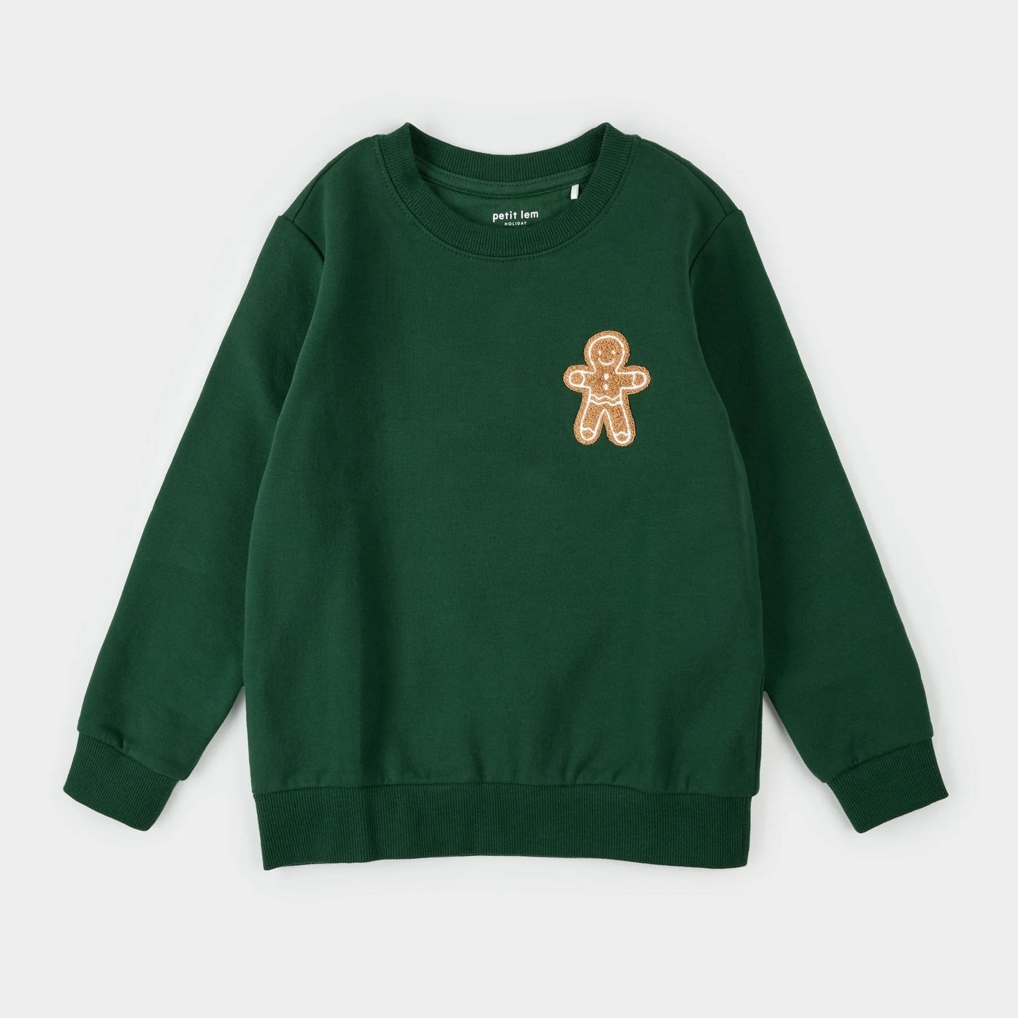 Gingerbread Man Embroidery on Dark Green Fleece Sweatshirt