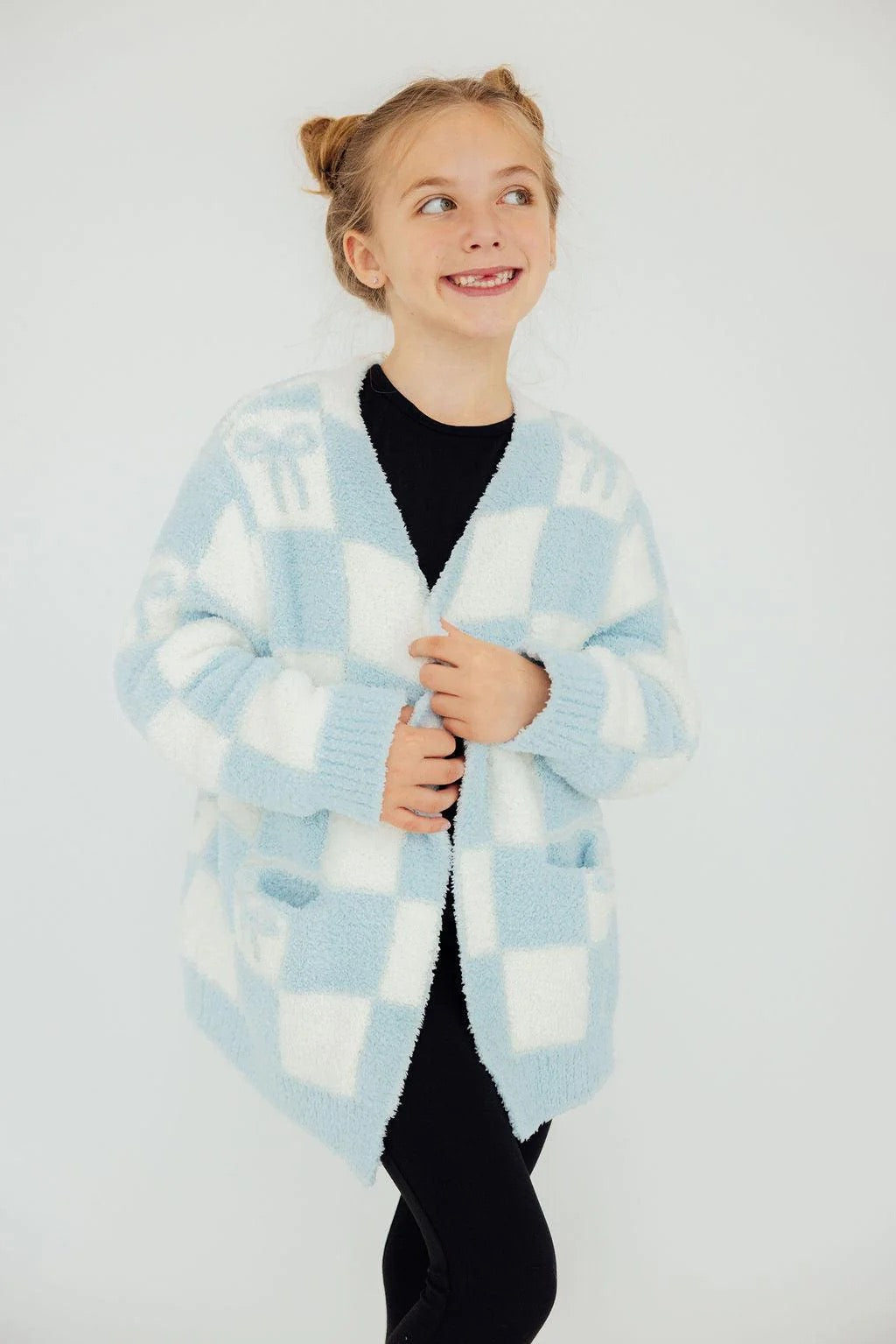 Light Blue Checker Bow - Cozy Cardigan