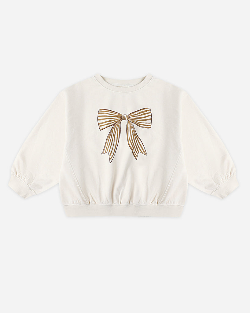 Off-white sweatshirt with large graphic bow in center, with chartreuse stripes. 