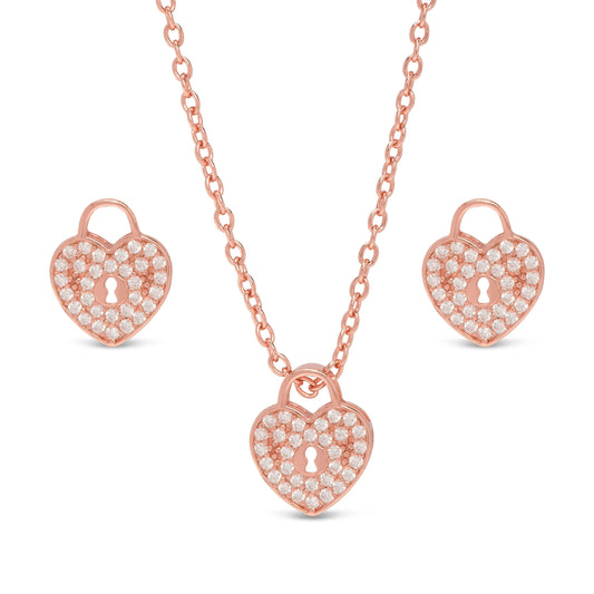 Pave CZ Heart Lock Necklace and Earrings Set