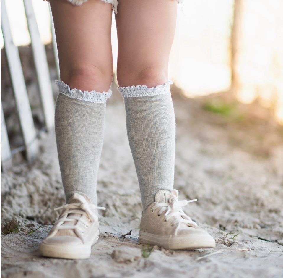 Lace Top Knee High Socks - Gray