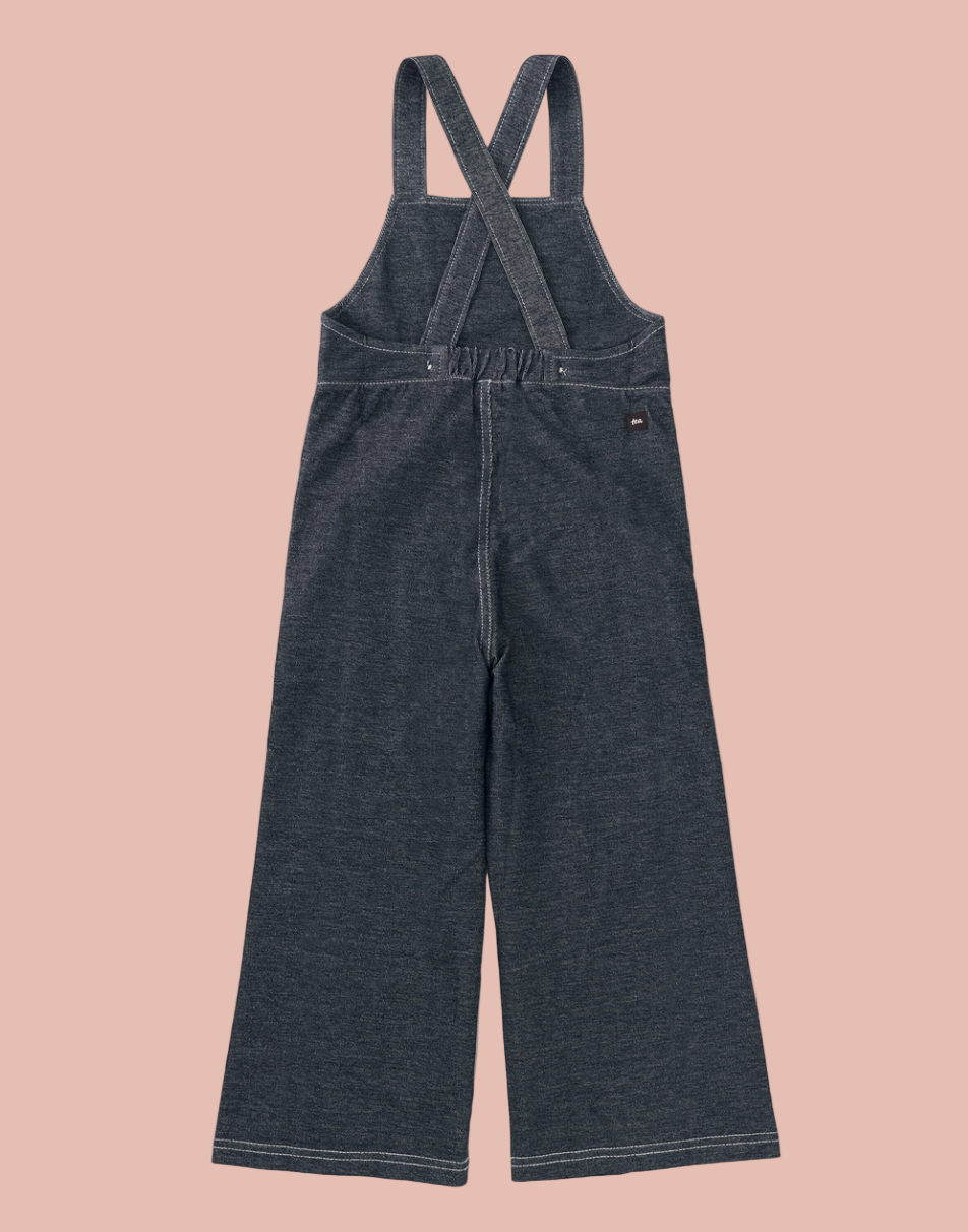Dark denim overalls on a white background