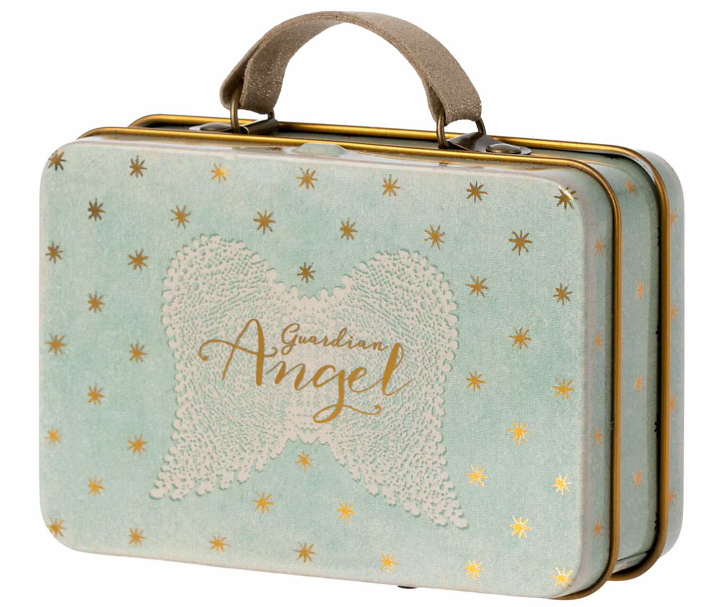 Small suitcase with 'Guardian Angel' design on a light blue background