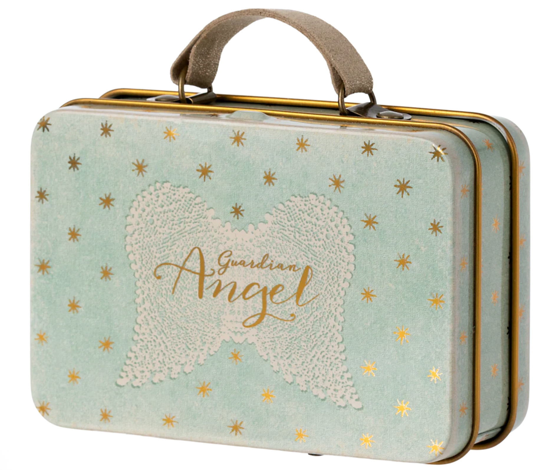 Small suitcase with 'Guardian Angel' design on a light blue background