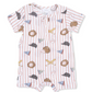 Baby romper with baseball-themed pattern on a white background