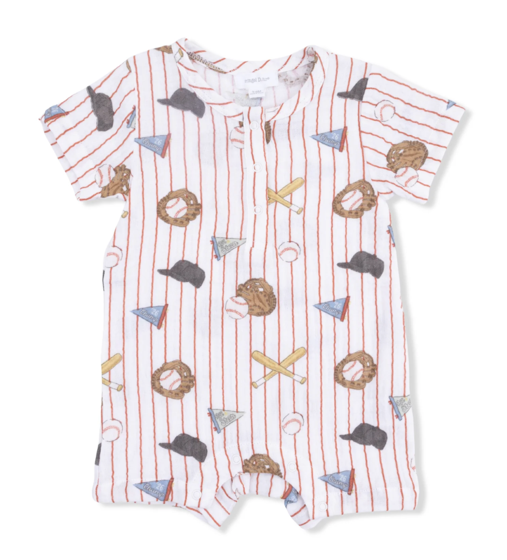 Baby romper with baseball-themed pattern on a white background