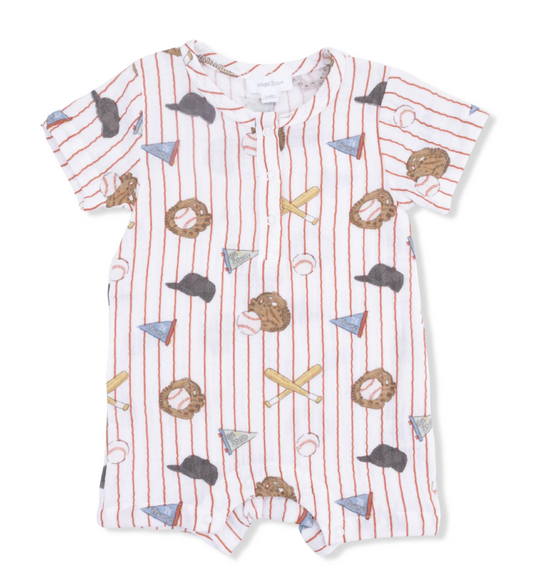 Baby romper with baseball-themed pattern on a white background
