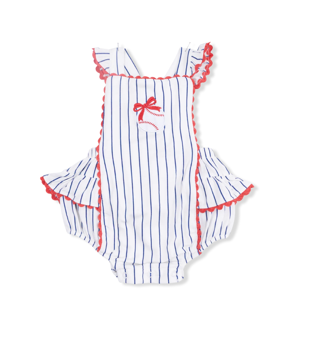 Striped baby romper with red trim on a white background