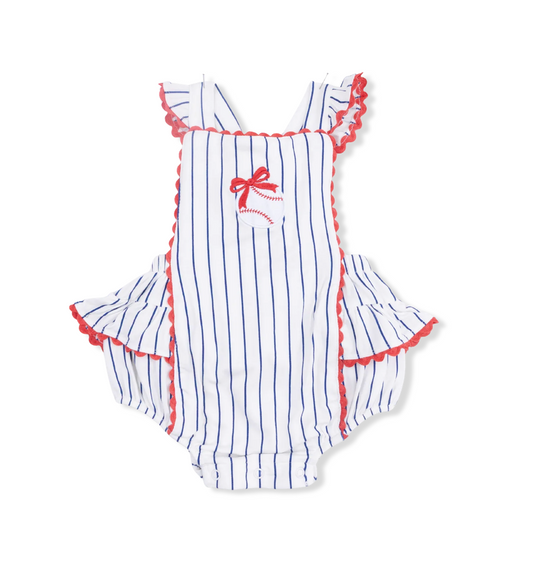 Striped baby romper with red trim on a white background