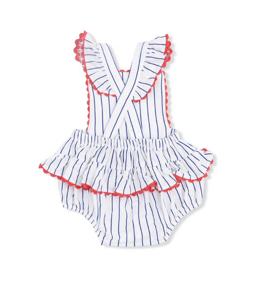 Striped baby romper with ruffled details on a white background