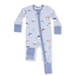 Baby onesie with long sleeves and legs, featuring a pattern of baseball cartoon characters on a light blue background.