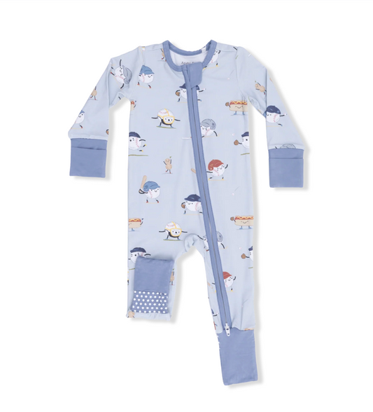 Baby onesie with long sleeves and legs, featuring a pattern of baseball cartoon characters on a light blue background.