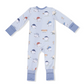 Children's onesie with baseball-themed print on a white background