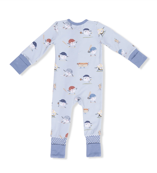 Children's onesie with baseball-themed print on a white background