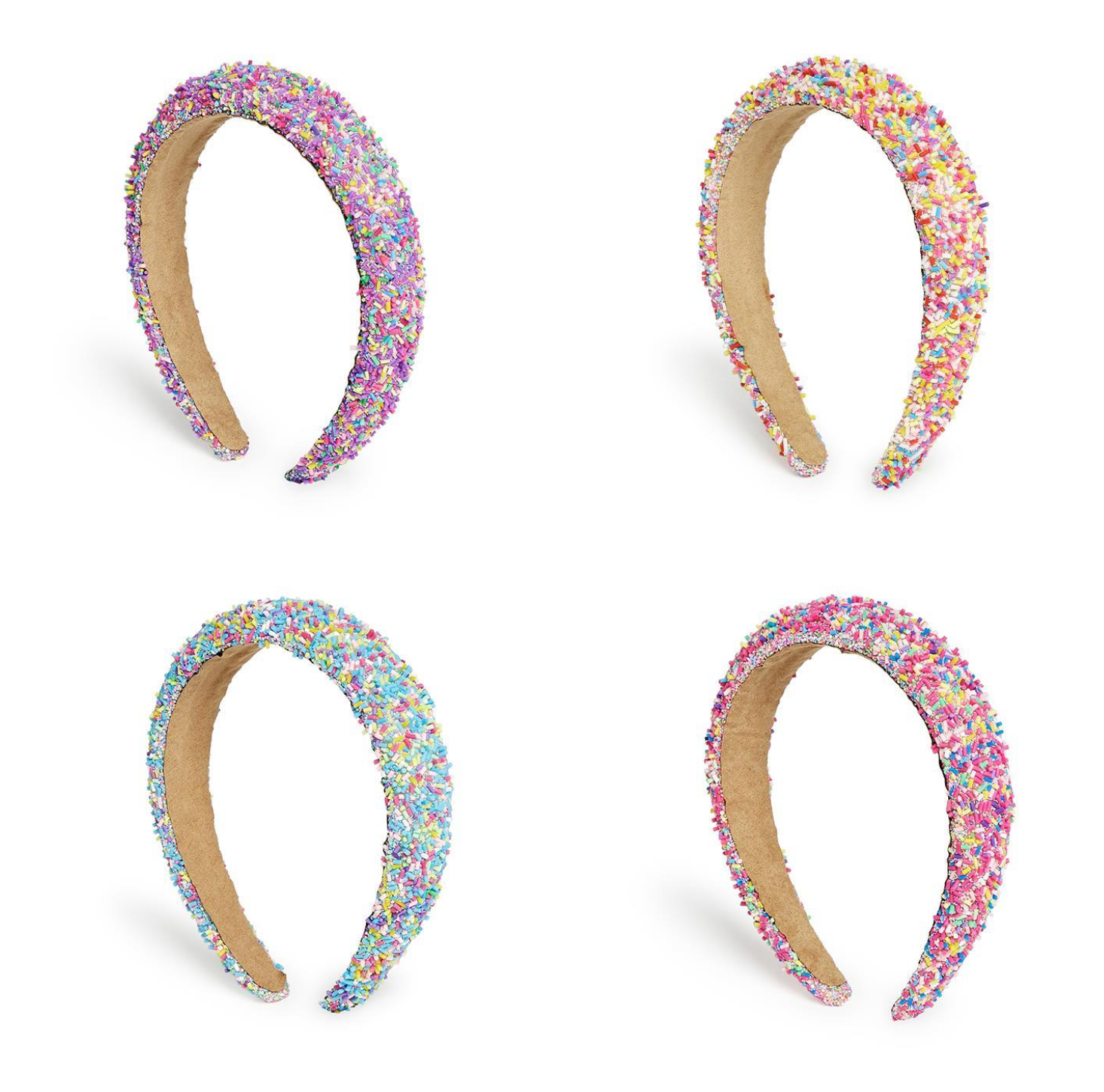Four colorful headbands with a white background