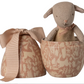Textured lamb toy in a patterned container with a matching bow on a white background