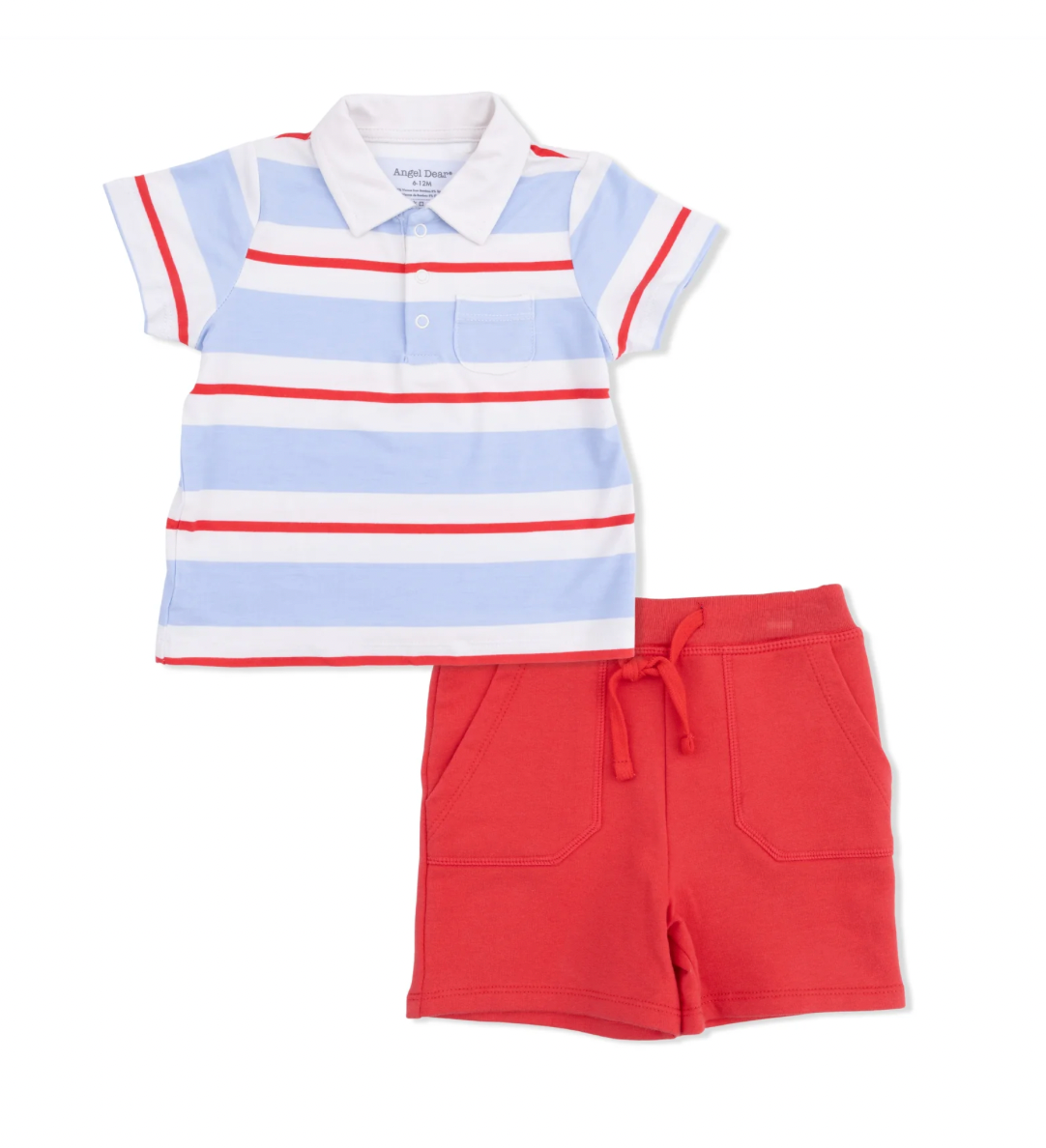 Children's outfit with striped polo shirt and red shorts on a white background